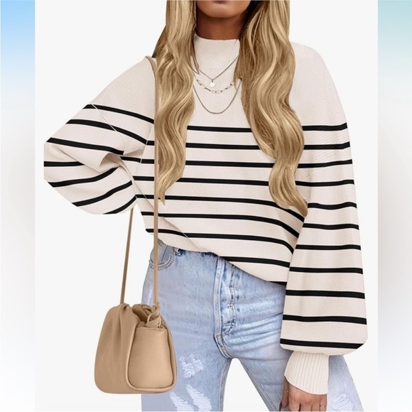 Boutique Brand Size Medium Black and White Striped Turtleneck Long-Sleeve Sweate - Picture 2 of 5